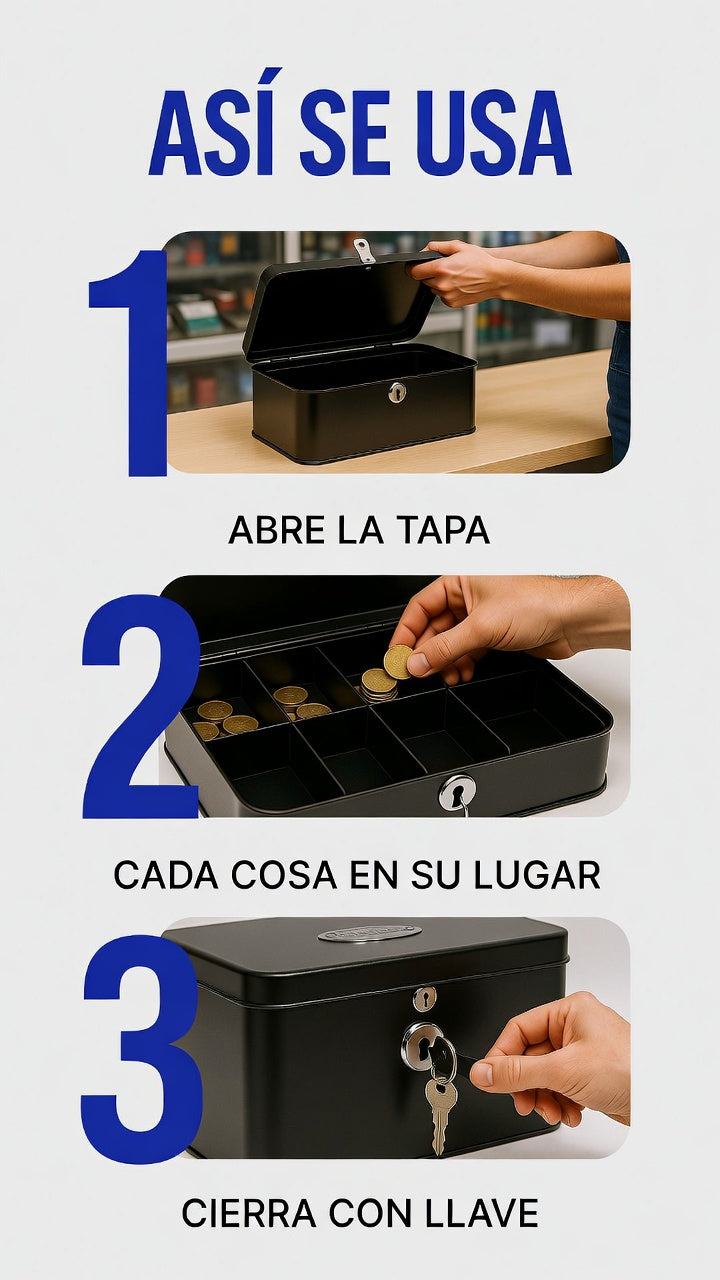 Tres pasos para usar la caja de dinero: abre la tapa, pon cada cosa en su lugar y cierra con llave