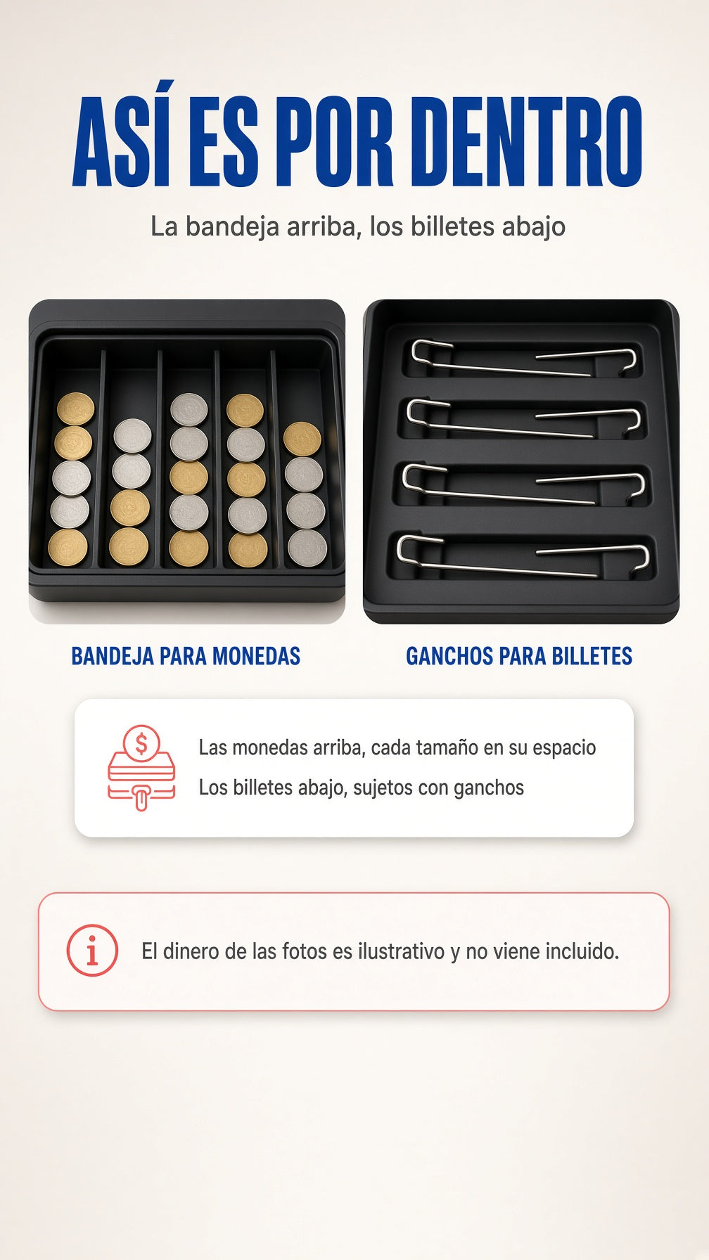 Así es por dentro la caja de dinero: bandeja dividida para monedas arriba y cuatro espacios con ganchos para billetes abajo