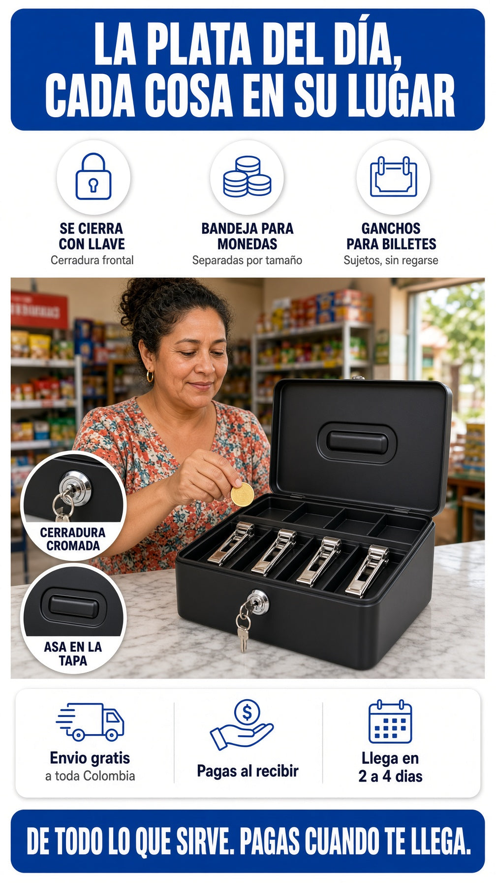 Caja de dinero metálica con llave en el mostrador de una tienda: se cierra con llave, bandeja para monedas y ganchos para billetes; envío gratis y pago contra entrega