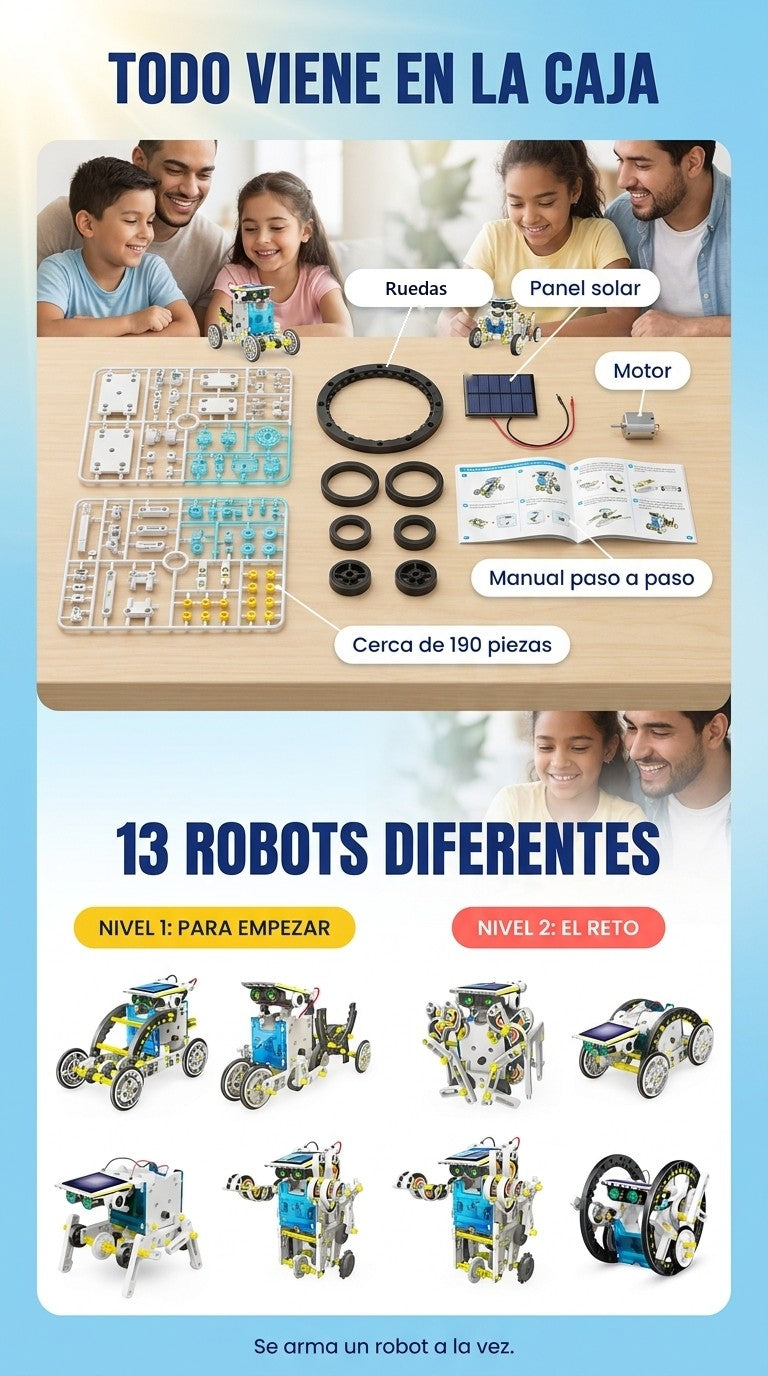 Qué trae la caja del Robot Solar 13 en 1: panel solar, motor, manual y cerca de 190 piezas para 13 modelos