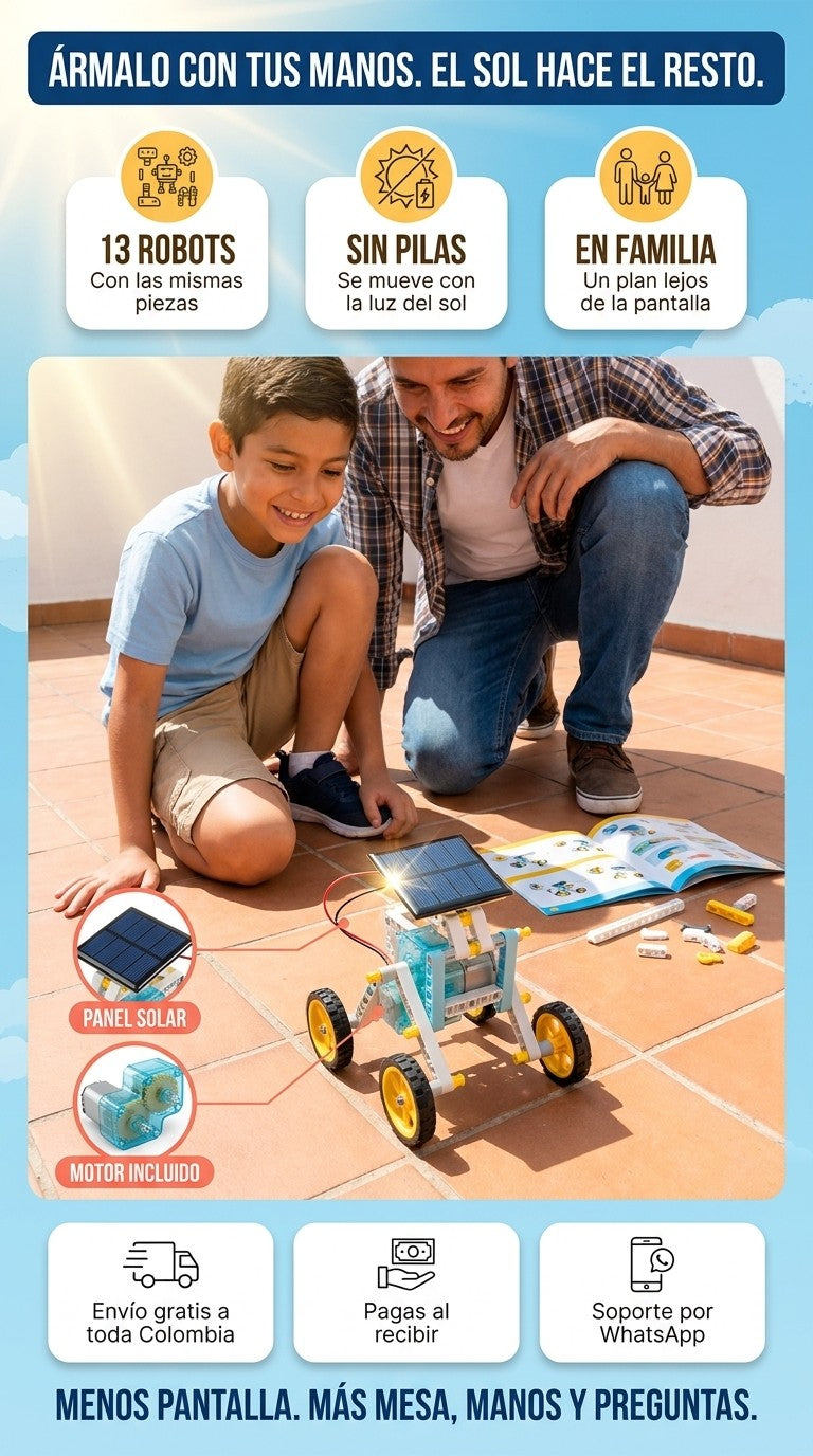 Niño y su papá viendo caminar al sol un robot solar 13 en 1 que armaron en el patio