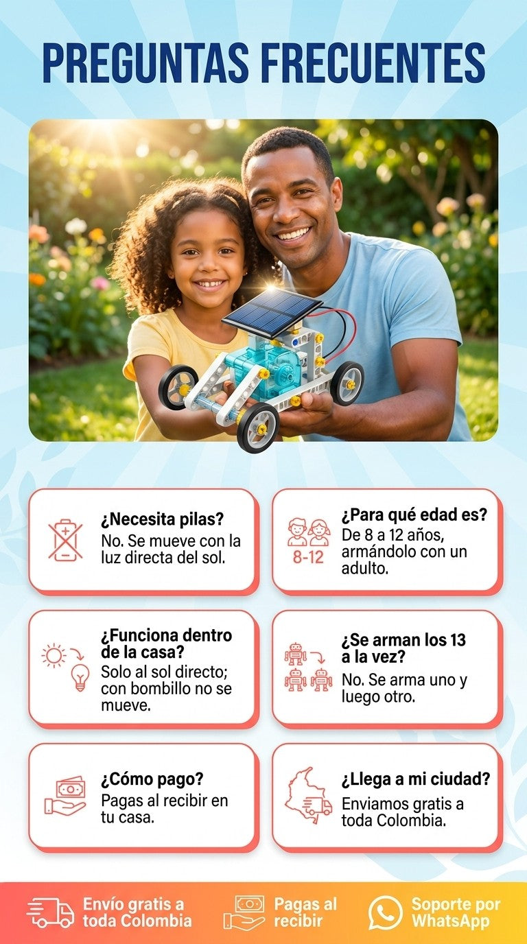 Preguntas frecuentes del Robot Solar 13 en 1: pilas, edad, uso dentro de la casa, pago y envío
