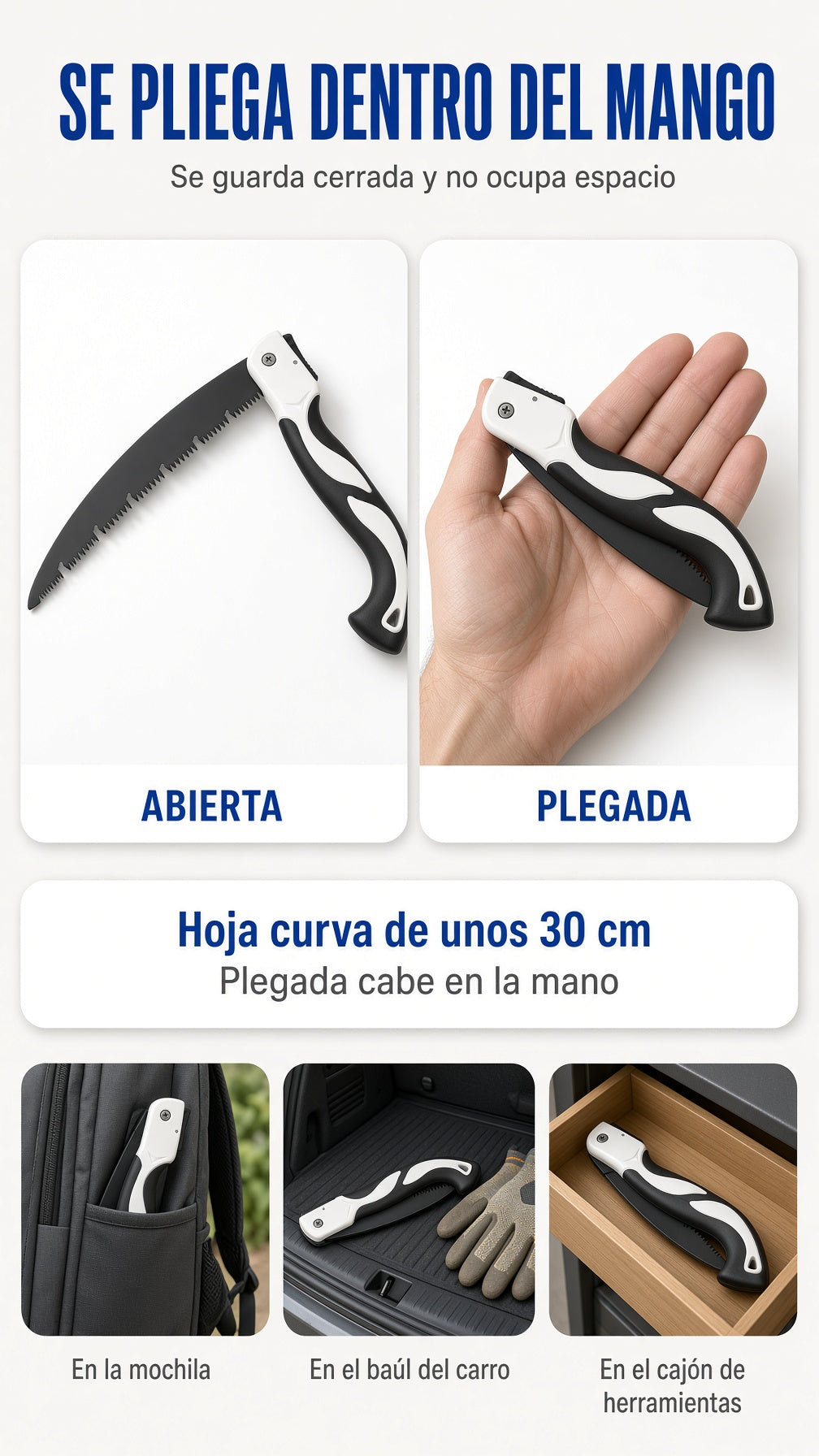 La sierra de mano abierta y plegada dentro del mango, guardada en la mochila, el baúl del carro y el cajón
