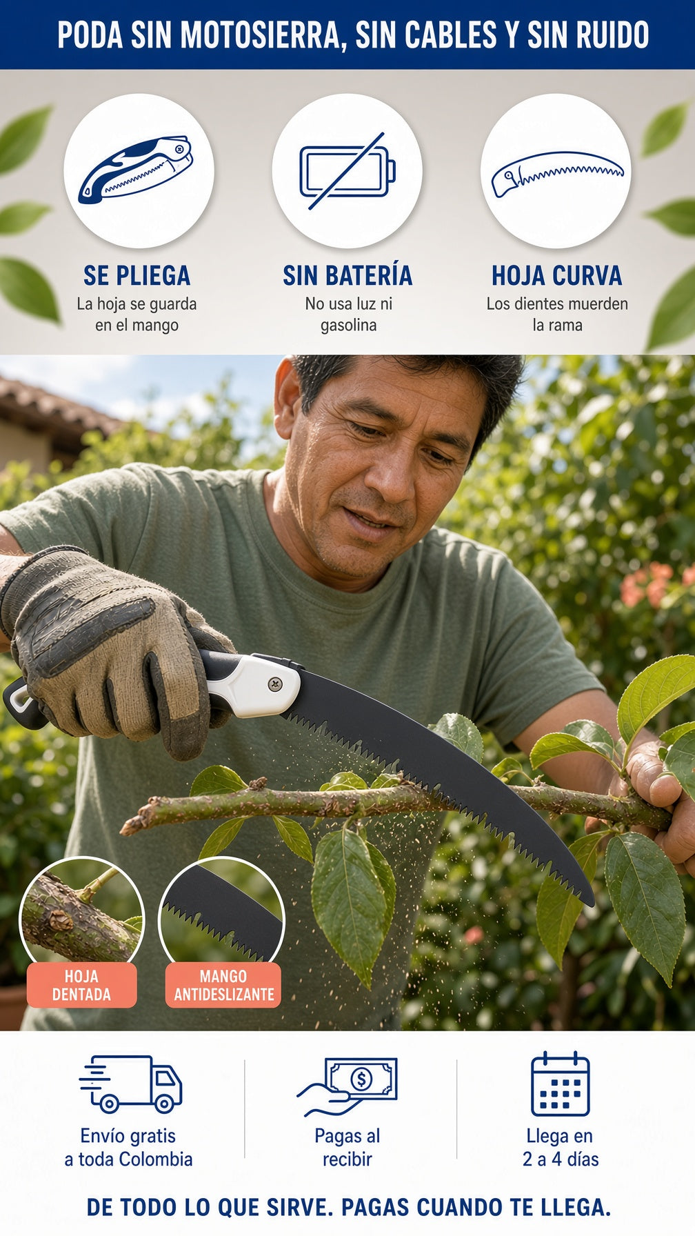 Sierra de mano plegable podando una rama: se pliega, sin batería y hoja curva, envío gratis y pago contra entrega
