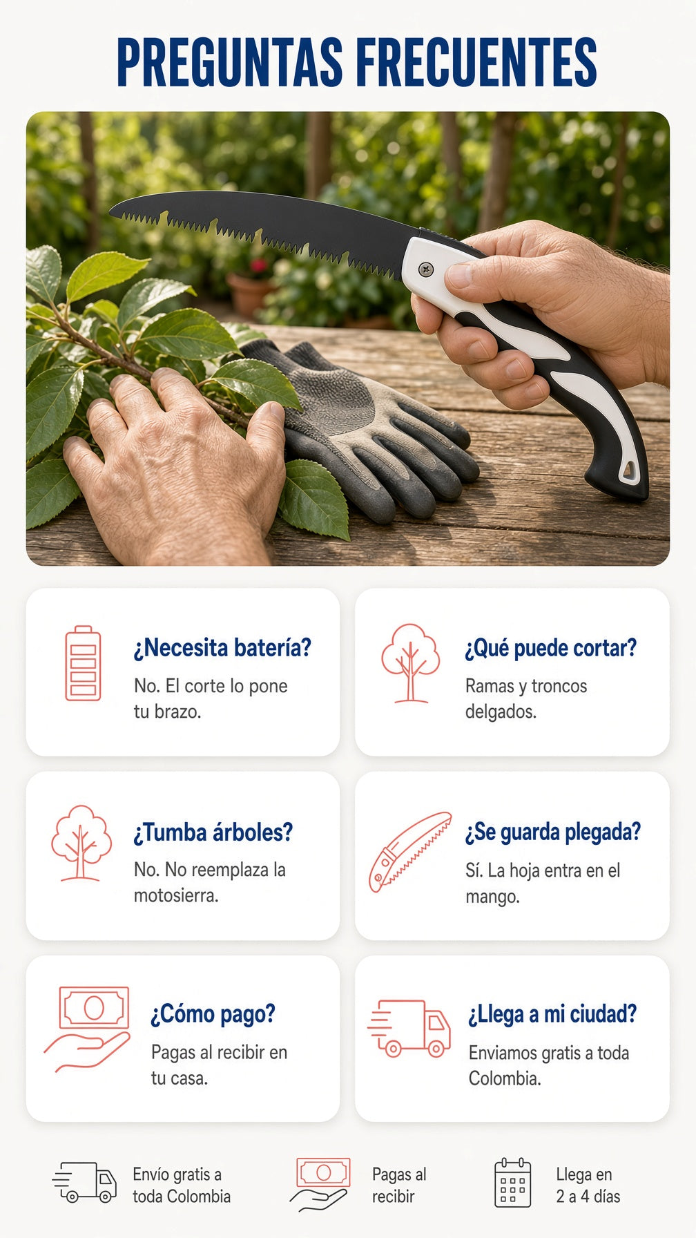 Preguntas frecuentes de la sierra de mano plegable: batería, qué corta, árboles, guardado, pago y envío