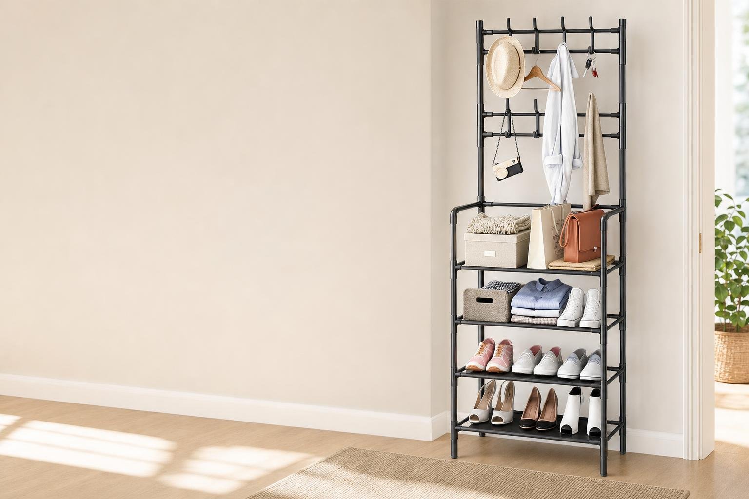 Organizador perchero de 4 niveles con ropa y zapatos ordenados