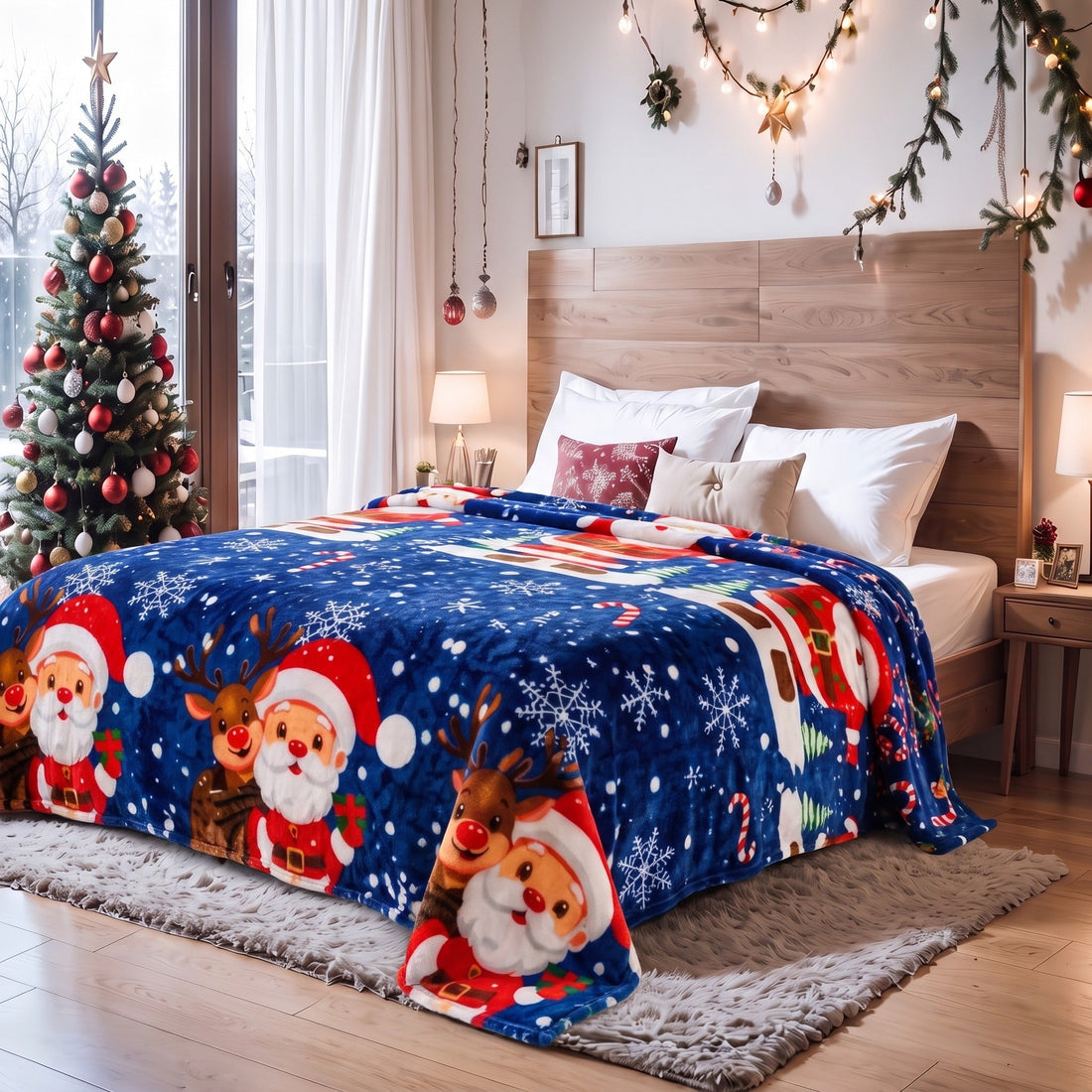 cama con cobija navideña azul y cortina del mismo estampado