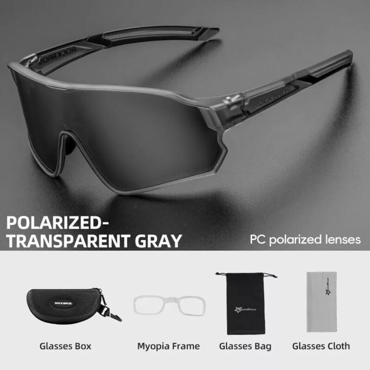 gafas polarizadas rockbros modelo 10136 vista de tres cuartos con estuche y accesorios