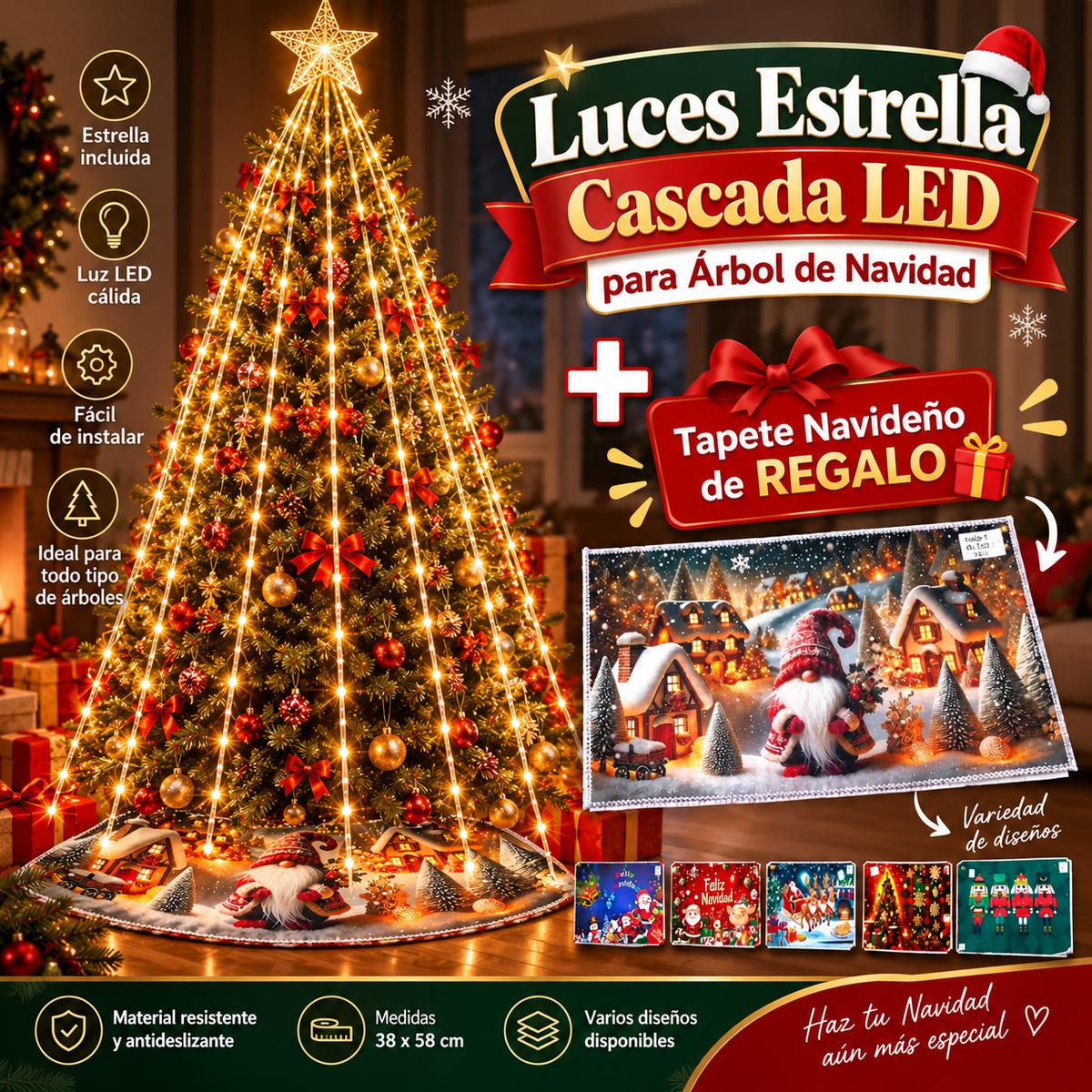 Cascada de luces LED navideñas con tapete a juego