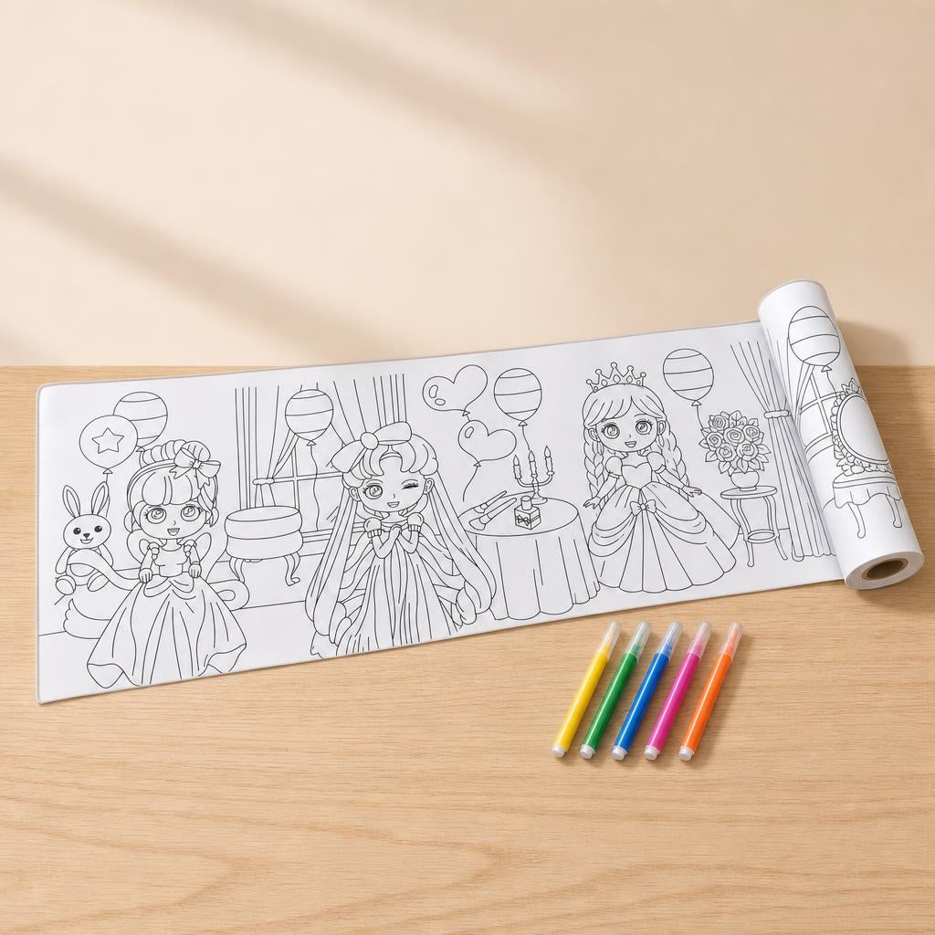Rollo para colorear con dibujos de princesas enrollado sobre una mesa de madera con cinco marcadores de colores