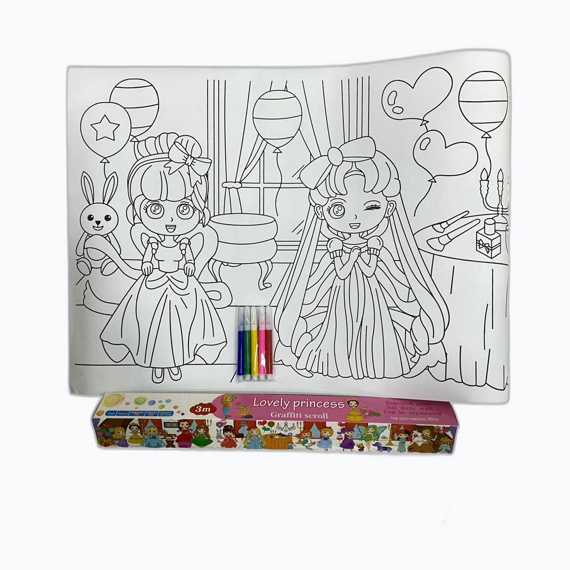 Rollo mágico para colorear con dibujos de princesas desplegado junto a su caja y cinco marcadores