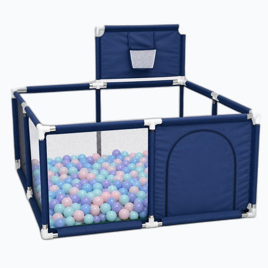 Corral infantil cuadrado Play Ground azul con pelotas pastel, vista frontal