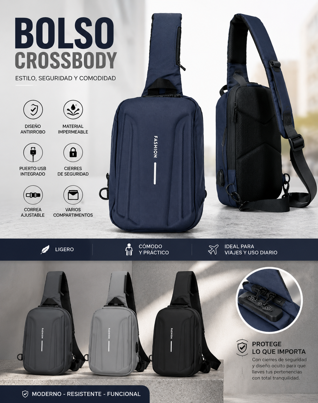 bolso crossbody antirrobo impermeable con clave numérica - foto 3 de 4, características principales