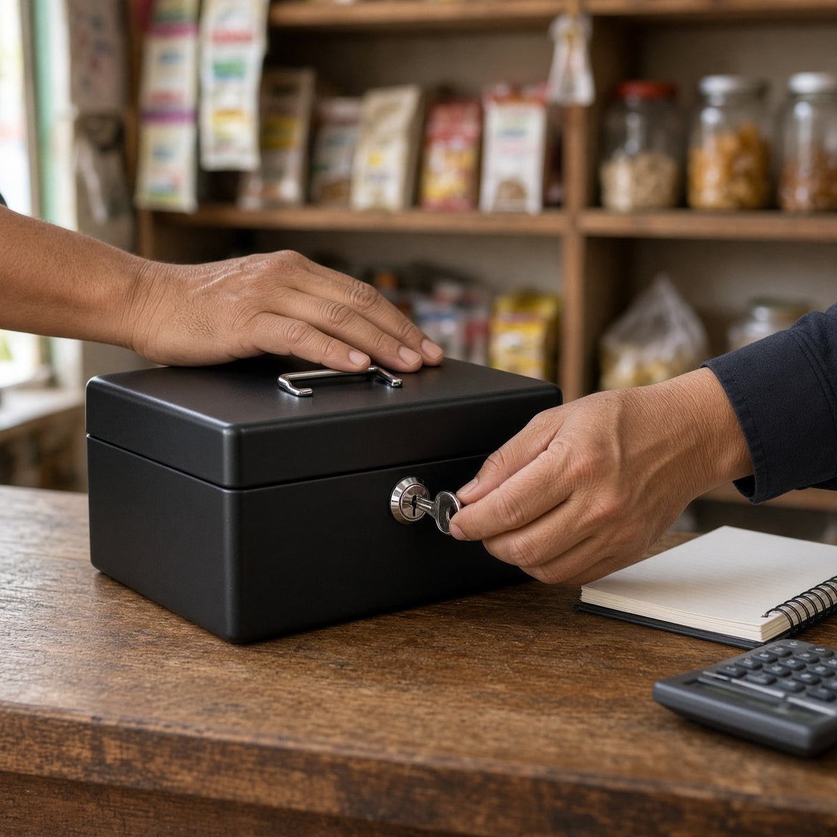 Caja de dinero metálica cerrada sobre el mostrador de una tienda de barrio mientras el tendero le da vuelta a la llave