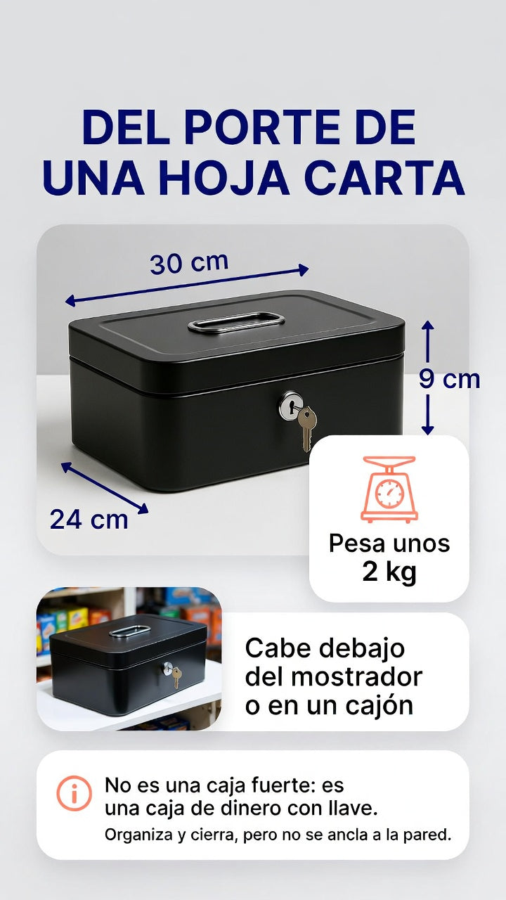 Medidas de la caja de dinero metálica: 30 cm de largo, 24 cm de ancho y 9 cm de alto cerrada, unos 2 kg; no es una caja fuerte