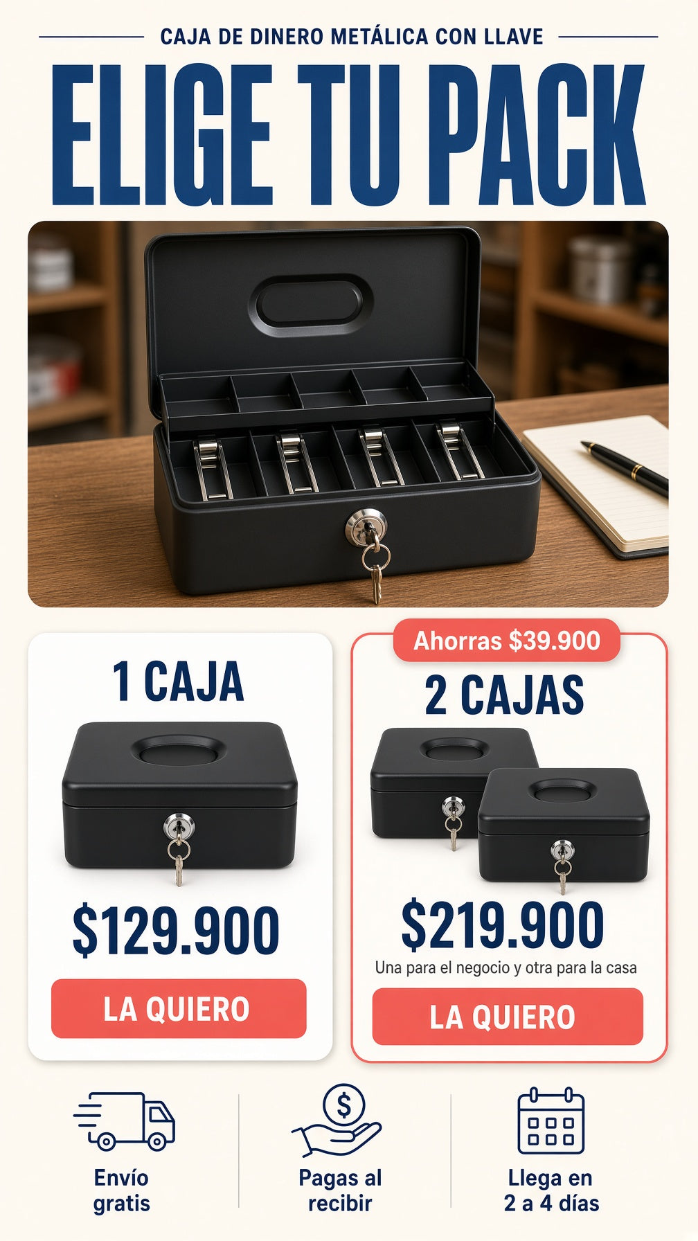 Packs de la caja de dinero metálica: 1 caja por $129.900 y 2 cajas por $219.900