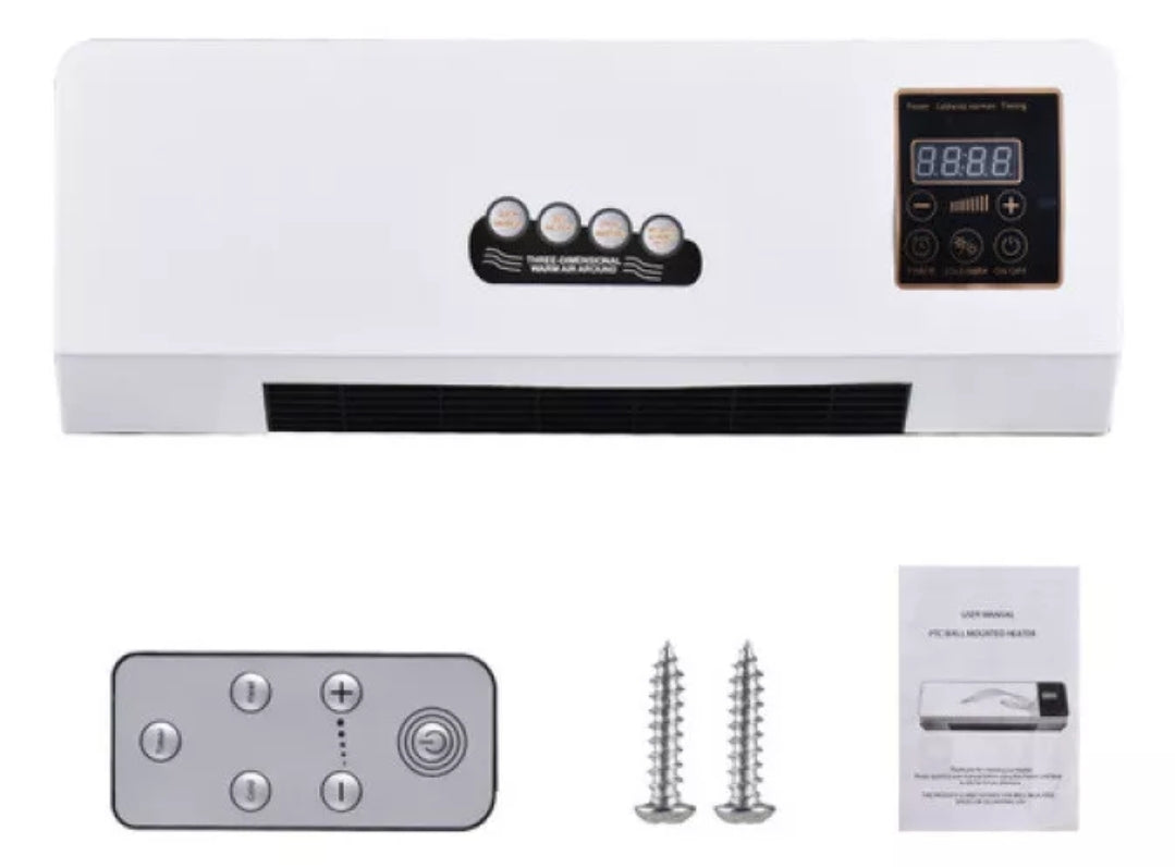Calefactor de pared 2 en 1 con ventilador, vista frontal del equipo blanco