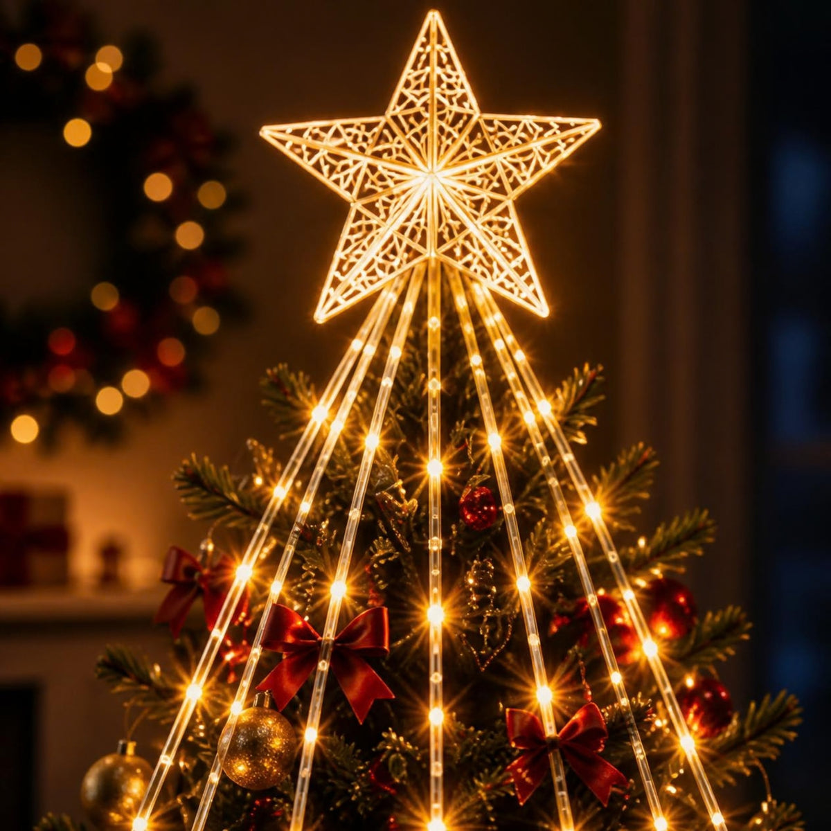 Detalle de la estrella y las luces LED de la cascada navideña encendidas