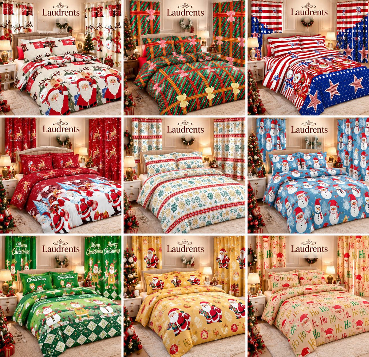 Cobija navideña con estampado festivo y cortina a juego, diseños Santa y renos