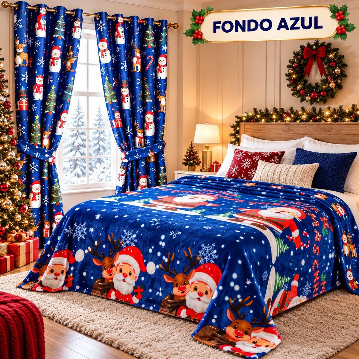Juego de cobija premium y cortina navideña a juego para decorar cama y sala en Navidad