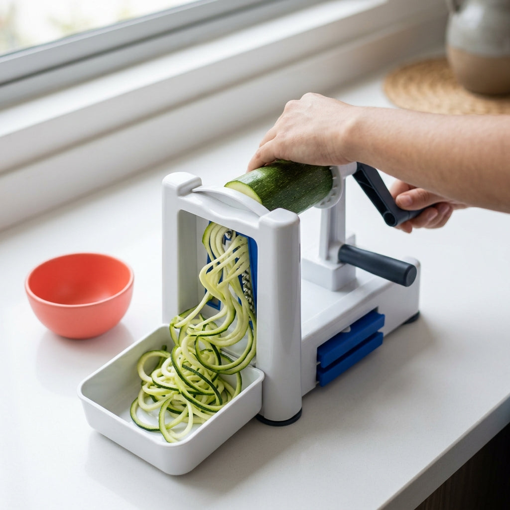 Cortador espiralizador haciendo fideos de calabacin sobre una encimera de cocina