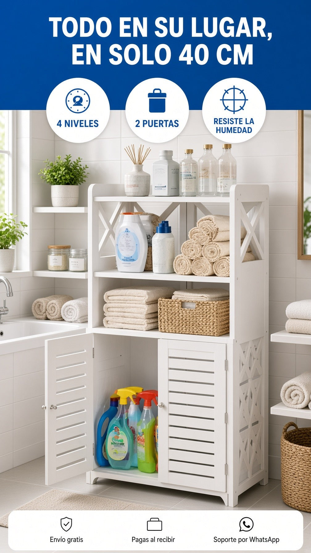 Organizador gabinete blanco de 4 niveles y 2 puertas junto al lavamanos de un baño ordenado