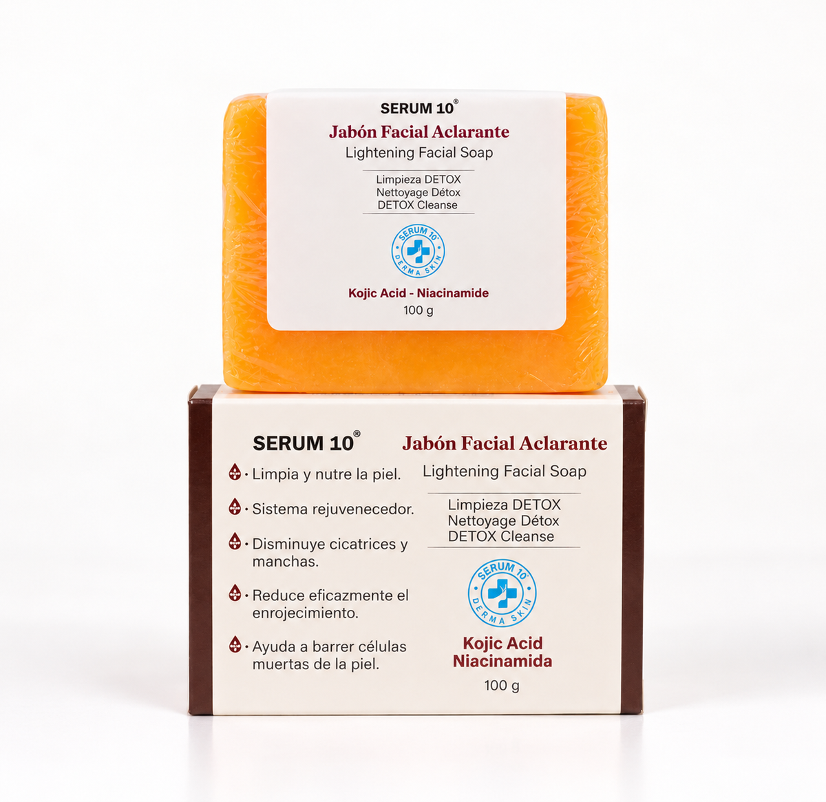 Jabón Serum 10 sobre fondo neutro, presentación 100 g