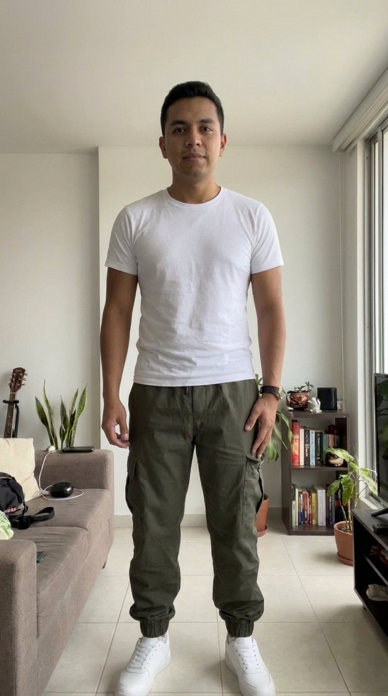 Hombre con jogger cargo verde militar de cuerpo completo en una sala