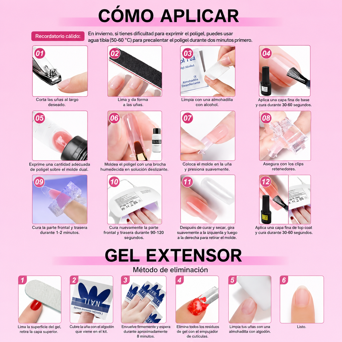kit profesional de uñas polygel con lámpara uv led - guía ilustrada de aplicación paso a paso