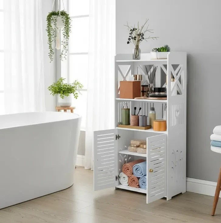 Organizador gabinete blanco en un baño junto a la tina, con toallas y productos de aseo