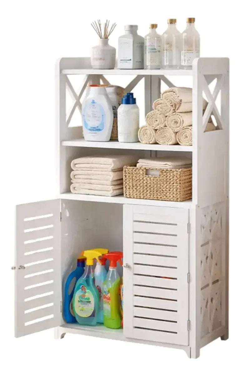 Organizador gabinete blanco de 2 puertas y 4 niveles con repisas abiertas y puertas de rejilla