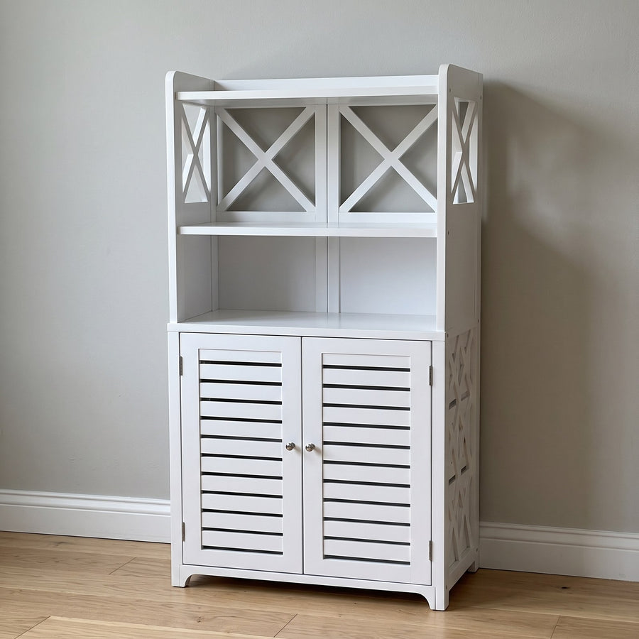 Organizador gabinete blanco 2 puertas 4 niveles vacío, vista de frente