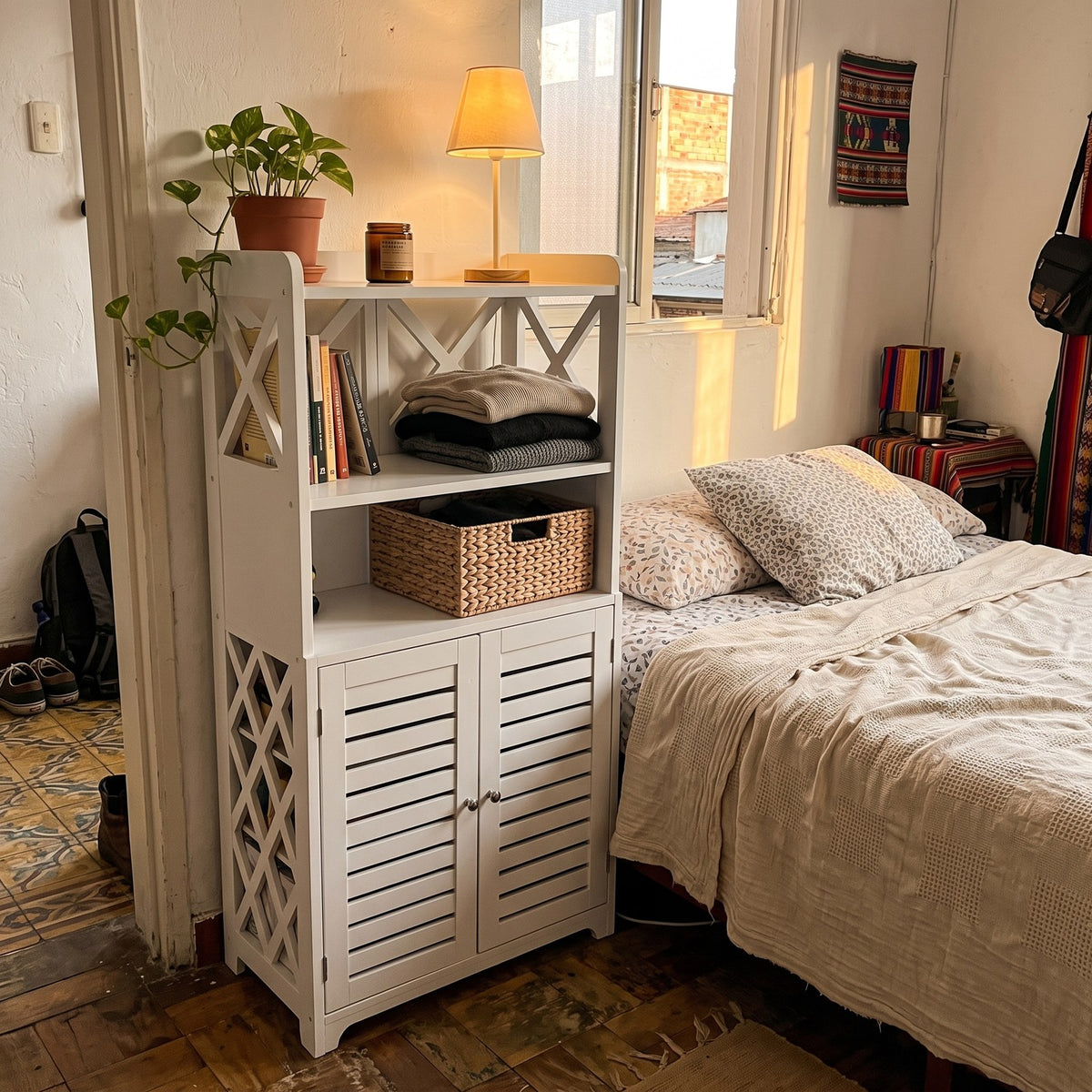 Organizador gabinete blanco en una habitación con libros, lámpara y ropa doblada