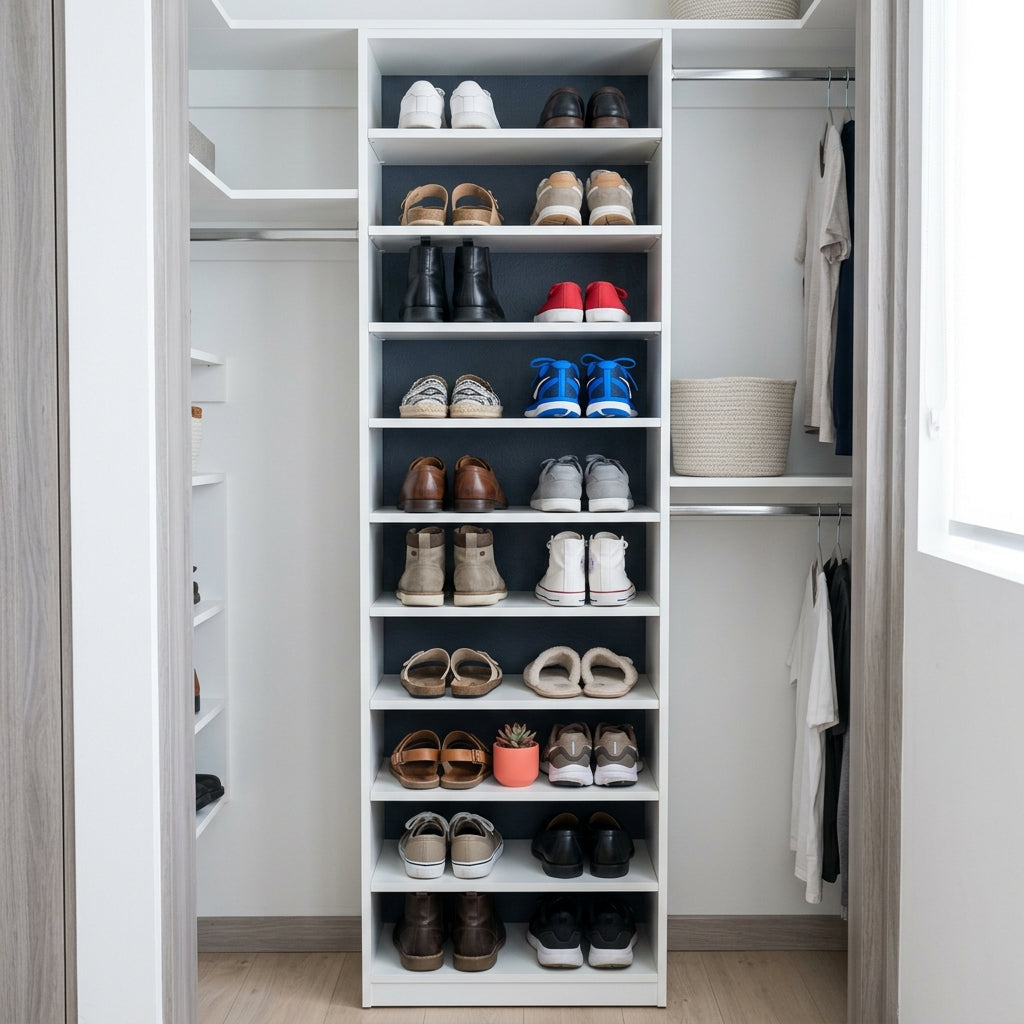 Organizador vertical de zapatos de 10 niveles ordenado dentro de un closet