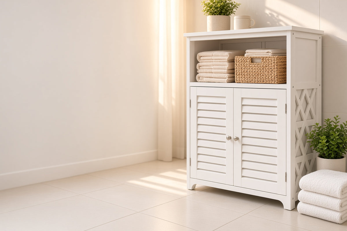 Organizador gabinete blanco de 2 puertas y 4 niveles en un ba�o iluminado