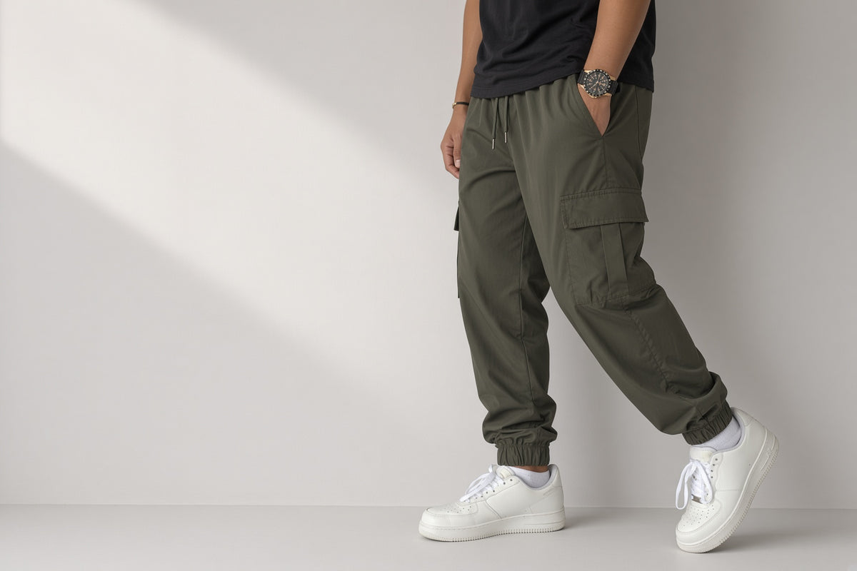 Pantalón jogger cargo verde militar para hombre con bota resortada y tenis blancos
