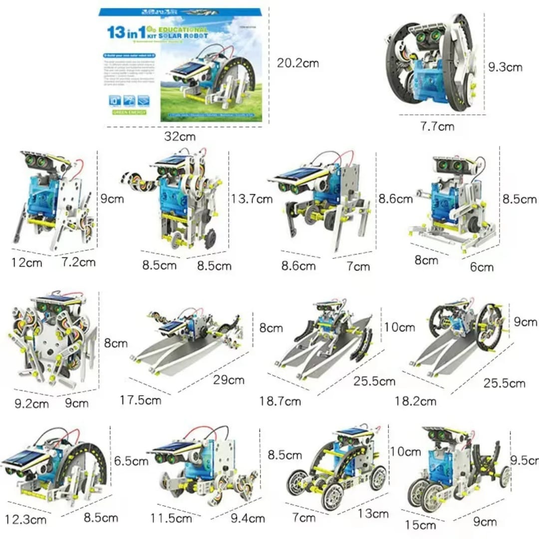 Robot Solar 13 en 1 - medidas de la caja y de cada robot armado
