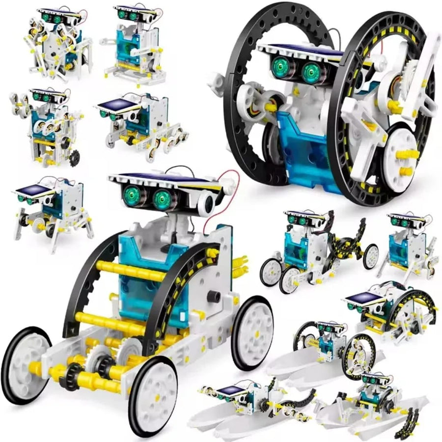 Robot Solar 13 en 1 - varios modelos armados sobre fondo blanco