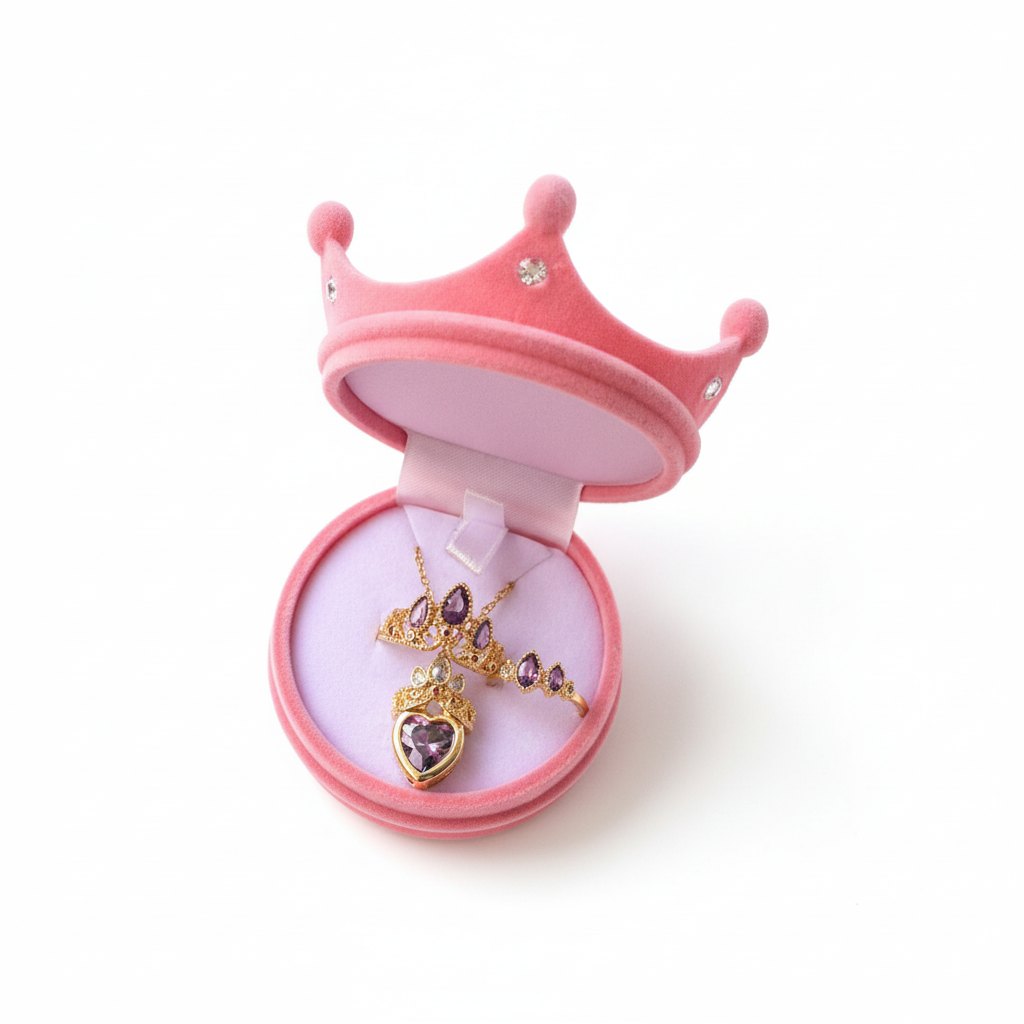 Set de collar y anillo con dije de corona dentro de su caja rosada en forma de corona sobre fondo blanco
