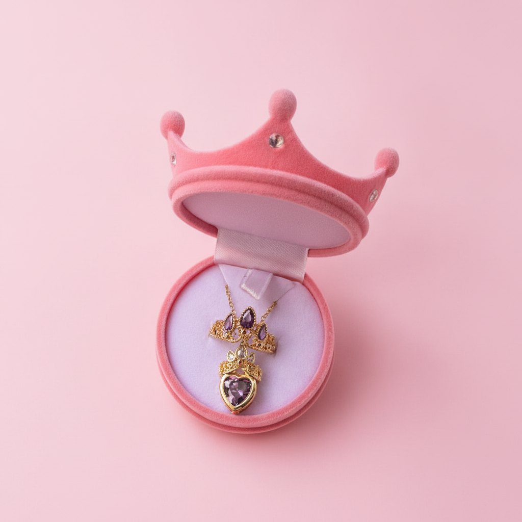 Caja rosada en forma de corona con collar y anillo sobre fondo rosa pastel