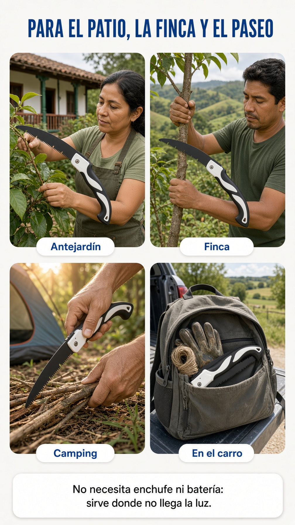 La sierra de mano plegable en el antejardín, la finca, el camping y guardada en el carro