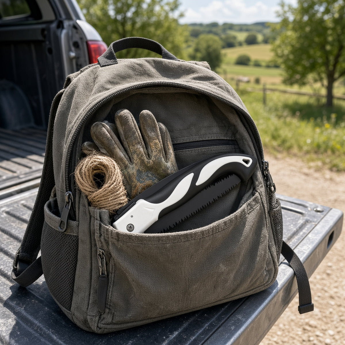 Sierra de mano plegable guardada en el bolsillo de una mochila junto a guantes de jardín
