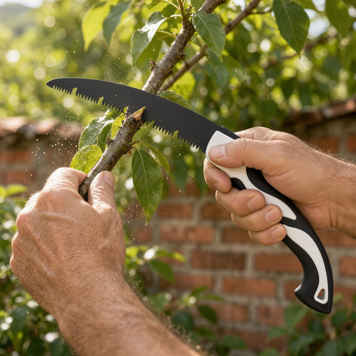 Hombre podando una rama verde con la sierra de mano serrucho plegable en el jardín