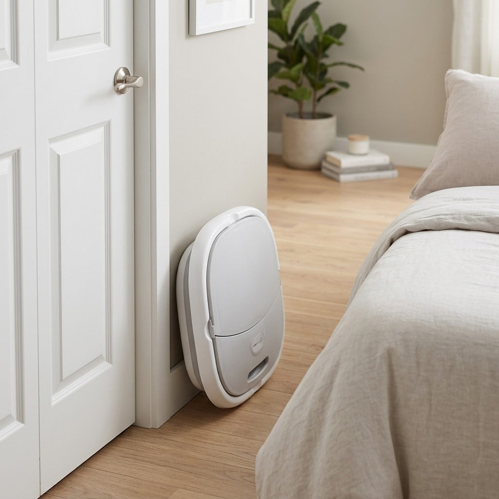Spa para pies plegable - tina plegada guardada junto a la puerta del cuarto