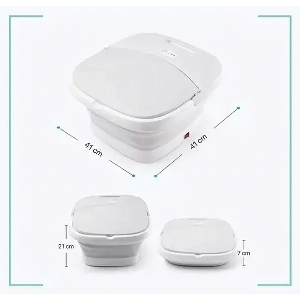 Spa para pies plegable - medidas de la tina abierta (41 x 41 x 21 cm) y plegada (7 cm de alto)