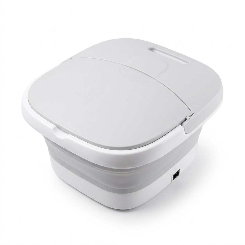 Spa para pies plegable - tina plegable con tapa gris, vista frontal sobre fondo blanco