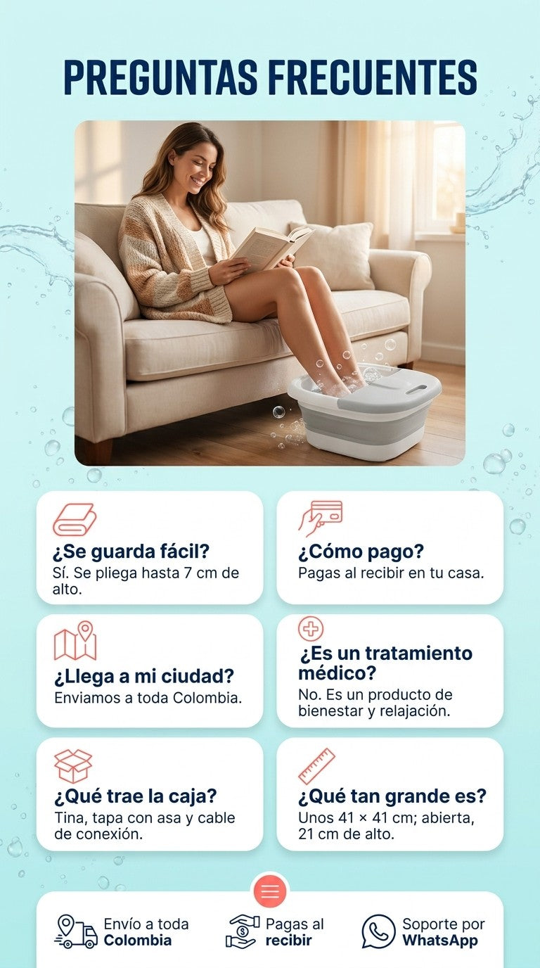 Preguntas frecuentes de la tina plegable para pies: guardado, pago al recibir, envío y medidas