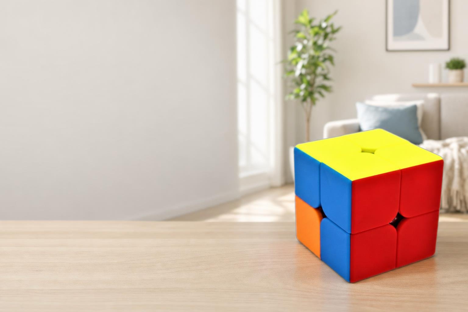 Cubo Rubik 2x2 sin pegatinas sobre una mesa de madera